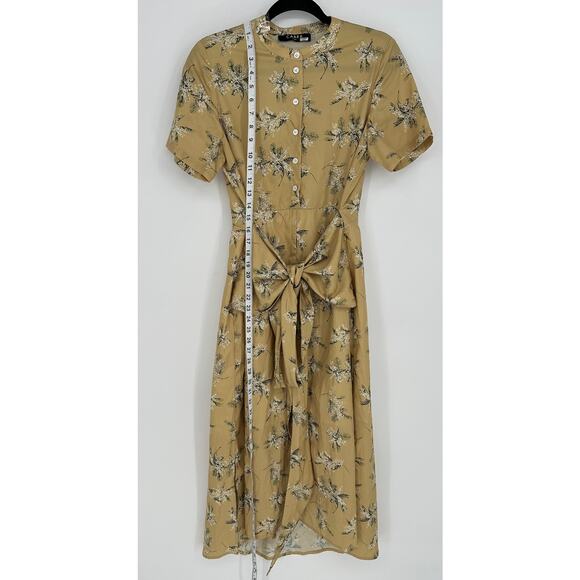 CAARA Lucca Midi Dress Yellow Green Floral Waist Tie Side Slits Vacay Office XS - Picture 9 of 11
